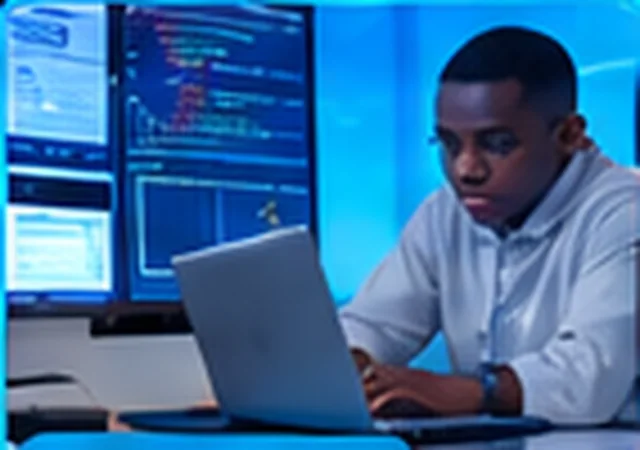 Illustration of a learner studying technology