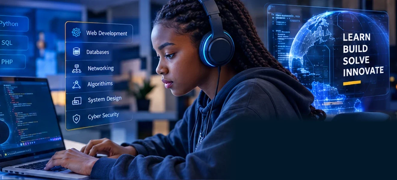 Illustration of a learner programming on a laptop